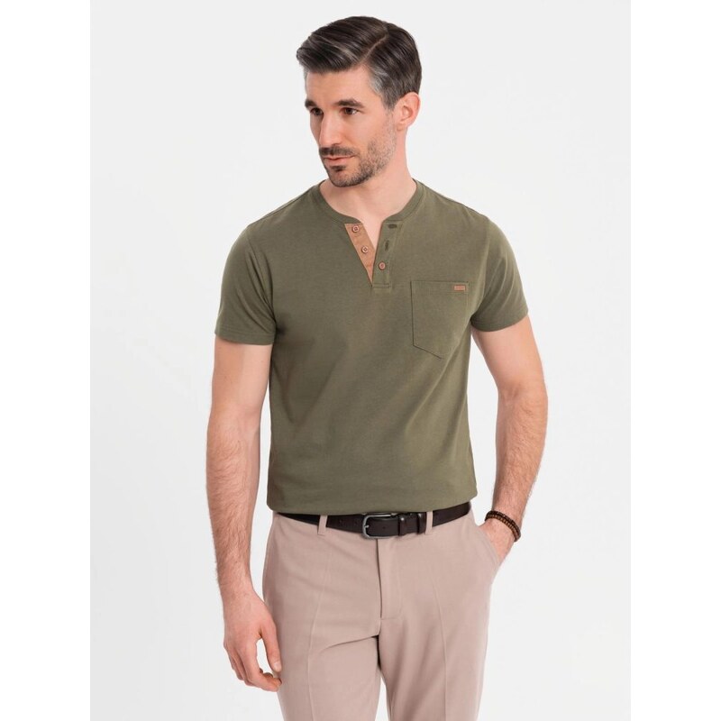 Ombre Clothing Bavlněné olivové pánské tričko s knoflíky V5 TSCT