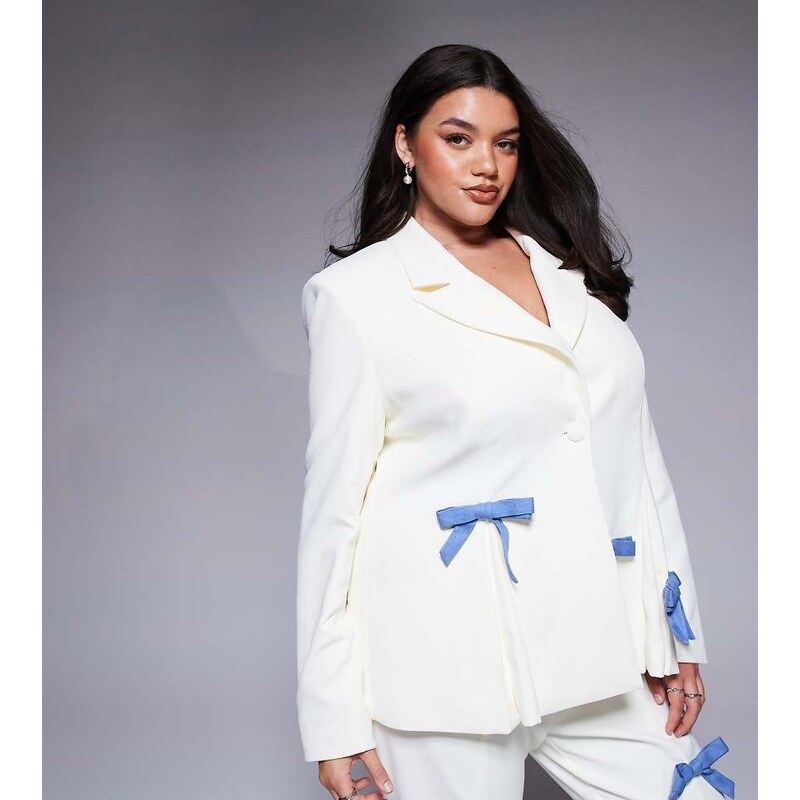 ASOS LUXE Curve co-ord tailored blazer with denim bows in cream-White 106410062