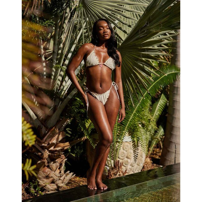 South Beach triangle bikini top with frill hem and pink flower detail 106243049