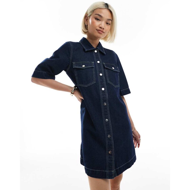 Vero Moda oversized button front short sleeve denim dress in