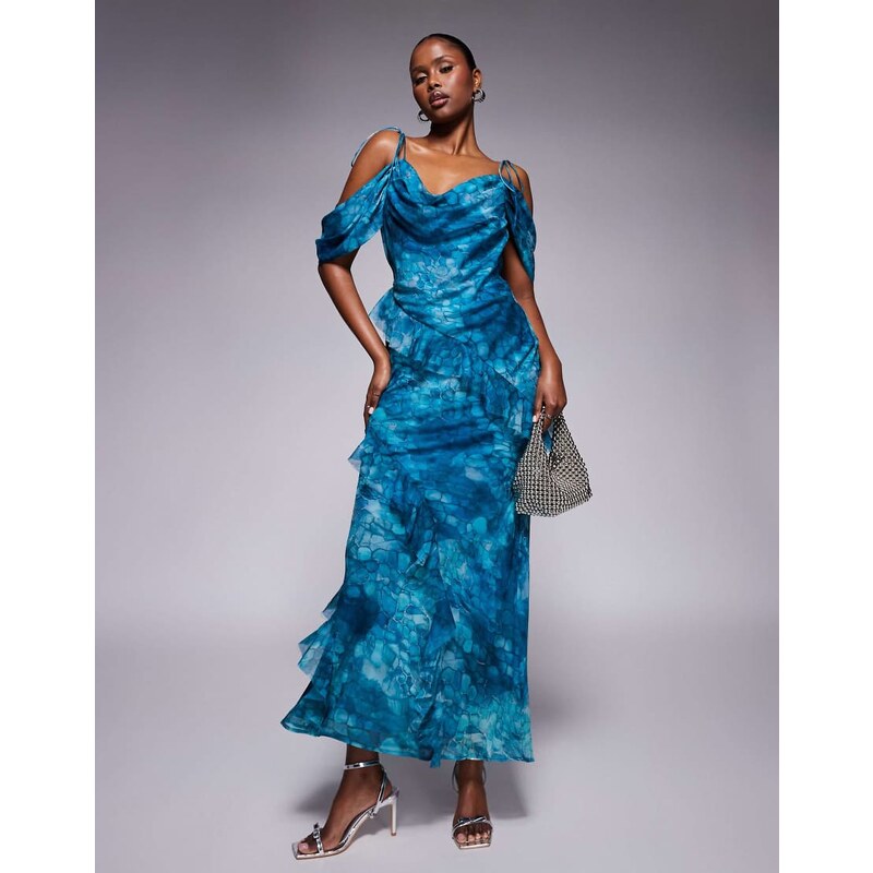 ASOS DESIGN off the shoulder bias maxi dress with ruffles in