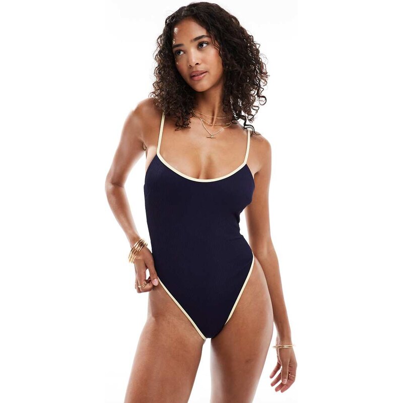 ASOS DESIGN Contrast Binding rib scoop Swimsuit in navy 106243132