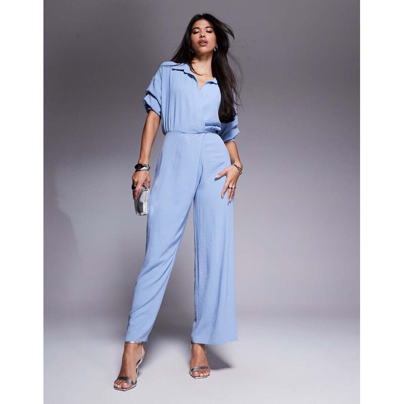 ASOS DESIGN draped collared wide leg jumpsuit in blue 106243134