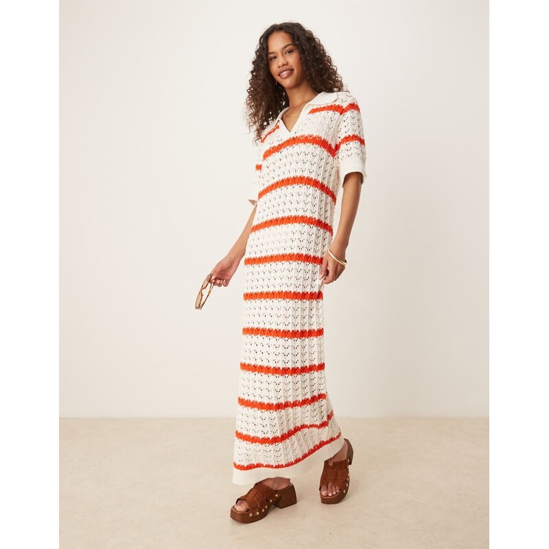 YAS short sleeve polo neck crochet maxi dress in cream and red stripe 106243137