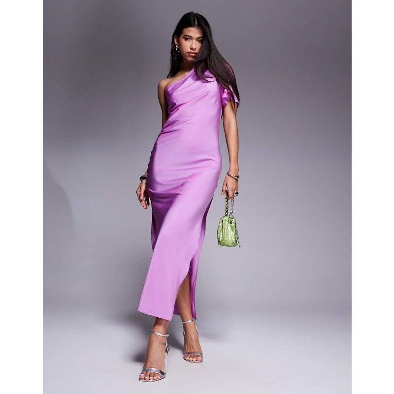 ASOS DESIGN satin one shoulder flutter sleeve midi dress in pink