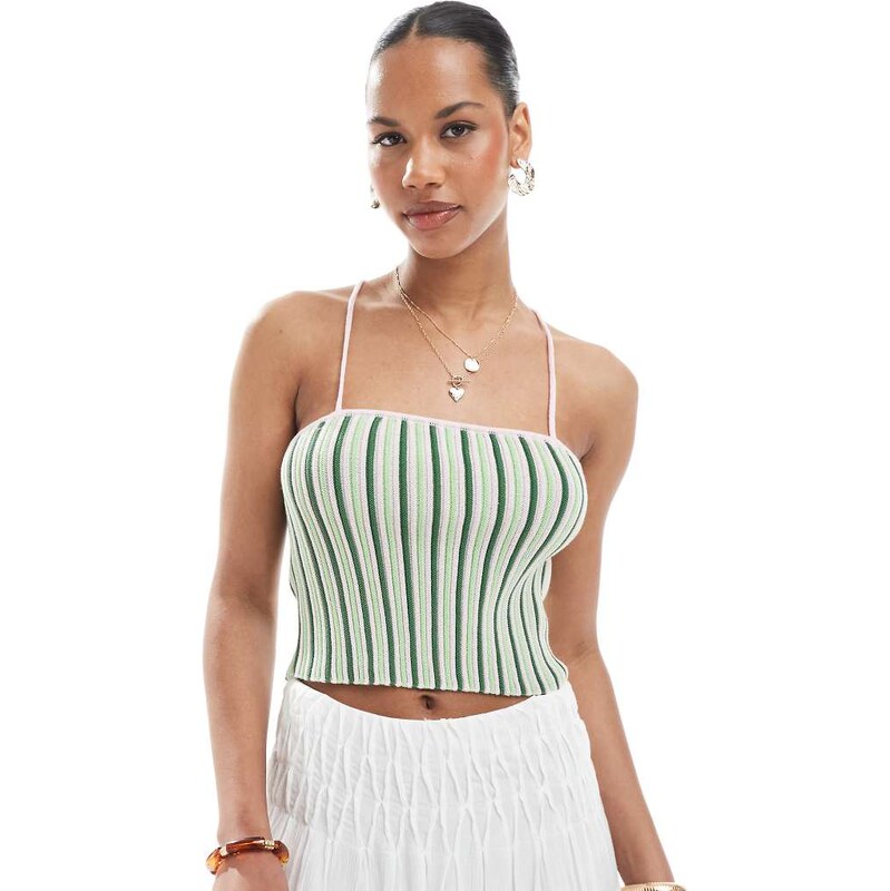 Pieces textured knit cropped top with cami straps in green stripe 106243169