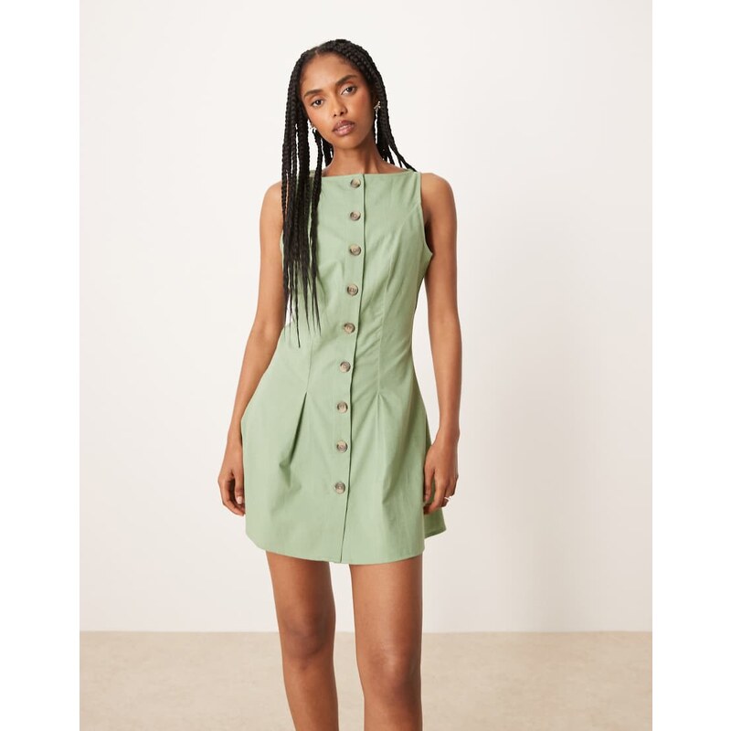 ASOS DESIGN slash neck button down waistcoat mini sundress in sage 114777263