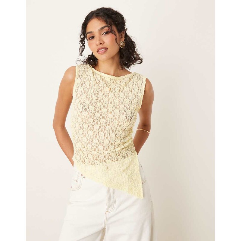 ASOS DESIGN ruched side asymmetric flare sleeve sheer lace top