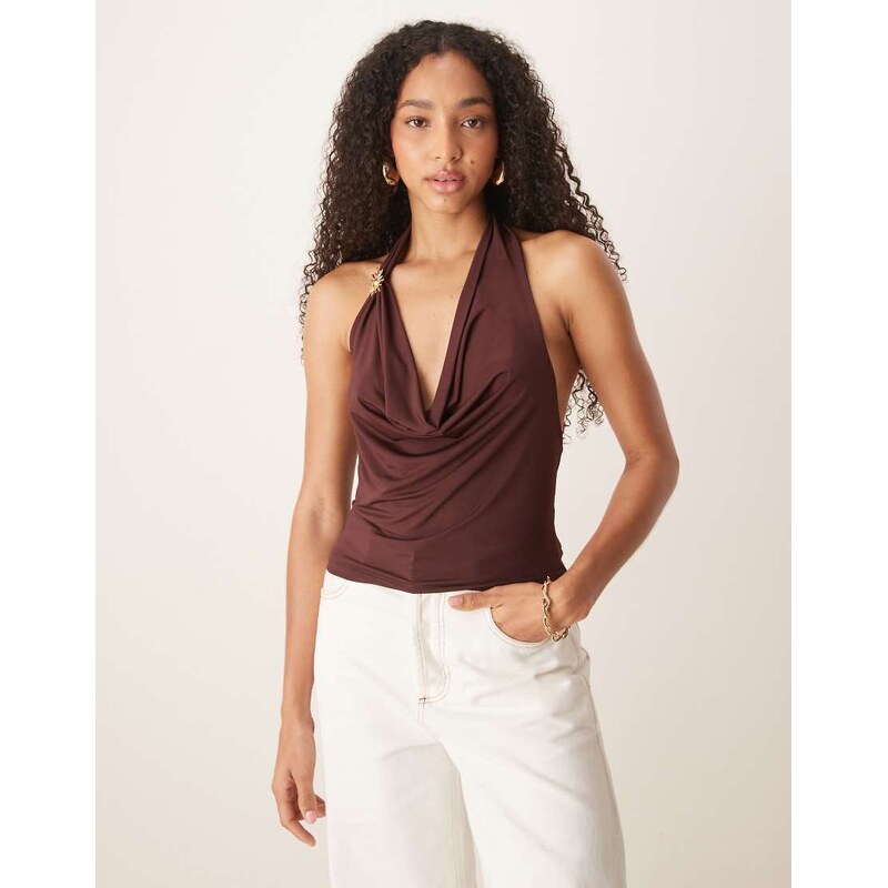 ASOS DESIGN slinky cowl neck top with gold trim detail in brown
