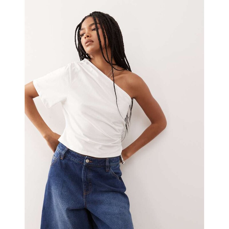 Reclaimed Vintage asymmetric one shoulder ruched detail top in ecru 106243223