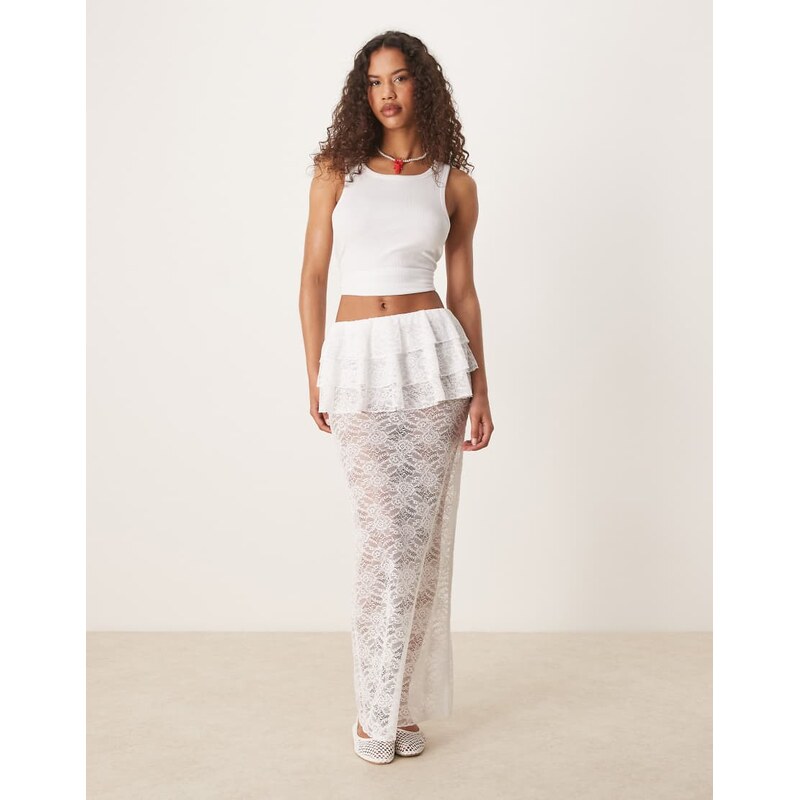 ASOS DESIGN sheer lace column maxi skirt with ruffle waist in ivory 106243231