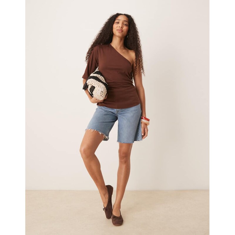 ASOS DESIGN asymmetric cinched t shirt in brown