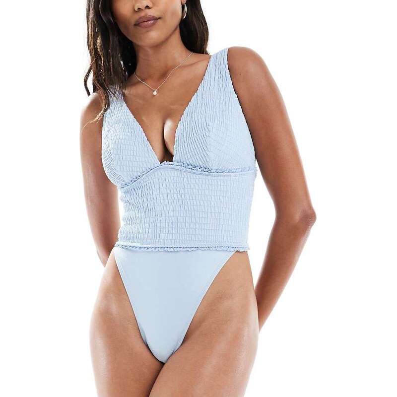 ASOS DESIGN Fuller Bust Sabrina exclusive shirred swimsuit in blue 106245563