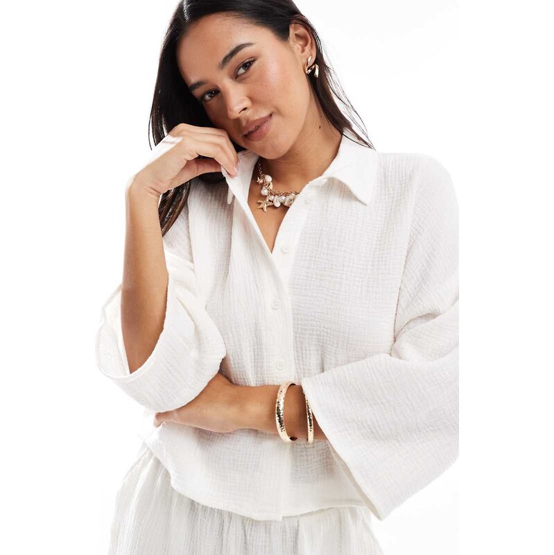 Vero Moda textured cropped shirt co-ord in white
