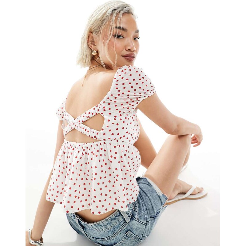 Hollister babydoll puff sleeve open back top in red and white polka 106245674