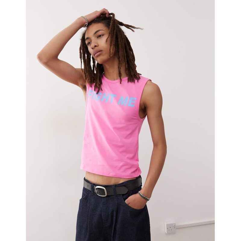 COLLUSION Festival slim vest in pink with fight me slogan
