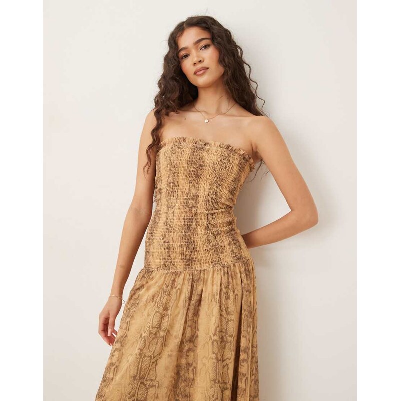 ASOS DESIGN shirred chiffon drop waist maxi dress in snake print-Multi