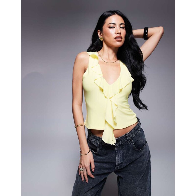 ASOS DESIGN plunge ruffle neckline racer back top in yellow