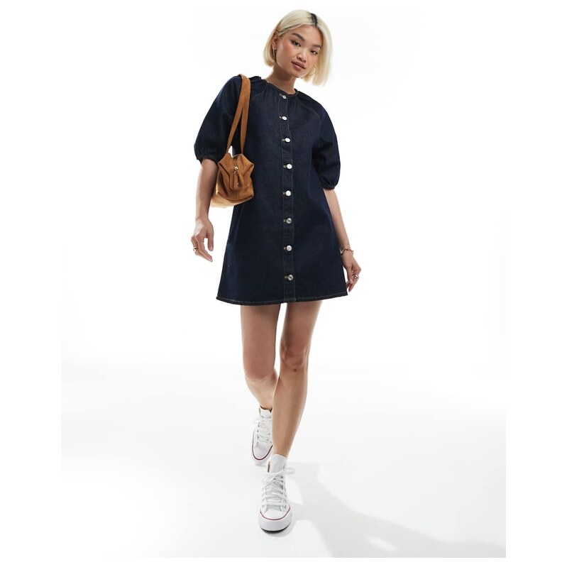 ASOS DESIGN raglan puff sleeve denim mini dress in rinse wash