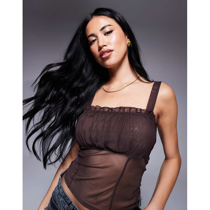 ASOS DESIGN ruched mesh top with seam detail in chocolate-Brown