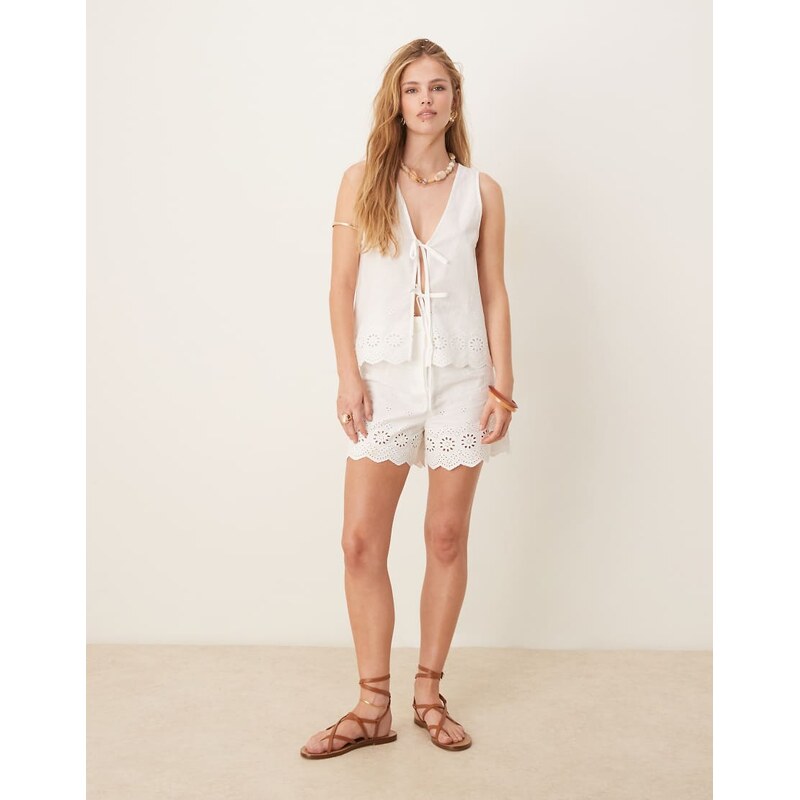 Vila cutwork embroidered poplin tie front vest co-ord in white