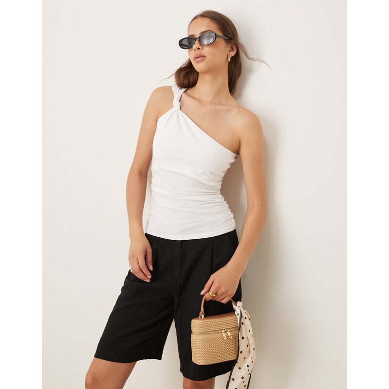 Mango jersey one shoulder twisted knot detail top with ruched