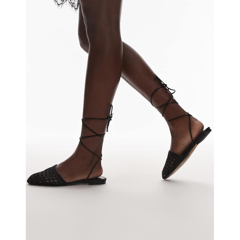 Topshop Arri woven tie up flat shoe in black