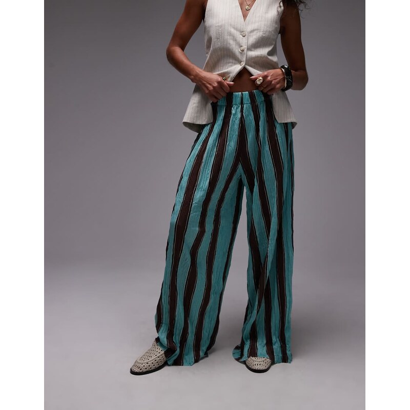Topshop stripe crinkle wide leg trousers in blue and brown-Multi