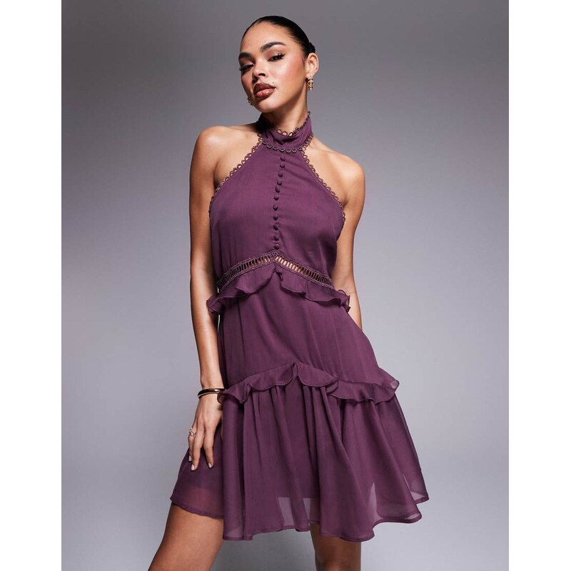 ASOS DESIGN lace insert halter tiered mini in aubergine-Brown