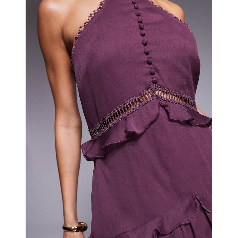 ASOS DESIGN lace insert halter tiered mini in aubergine-Brown