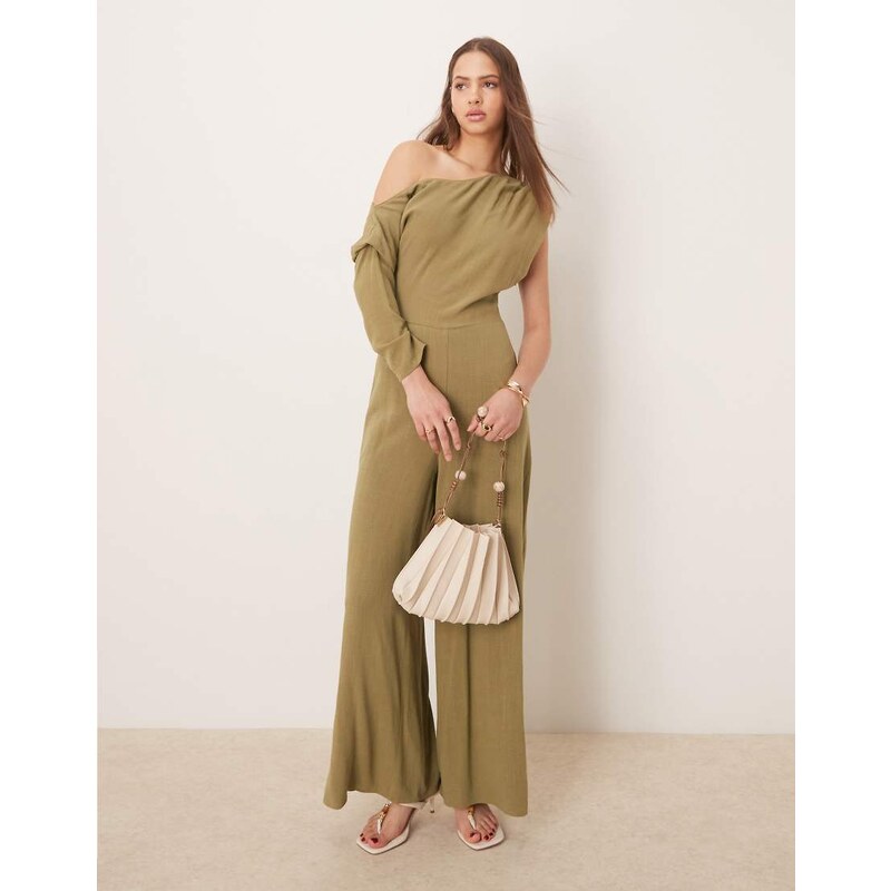 ASOS DESIGN linen fallen shoulder jumpsuit in khaki-Green