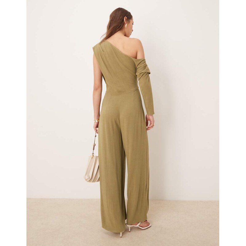 ASOS DESIGN linen fallen shoulder jumpsuit in khaki-Green