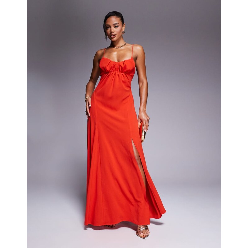 ASOS DESIGN gathered bust strappy cross back midi dress in red