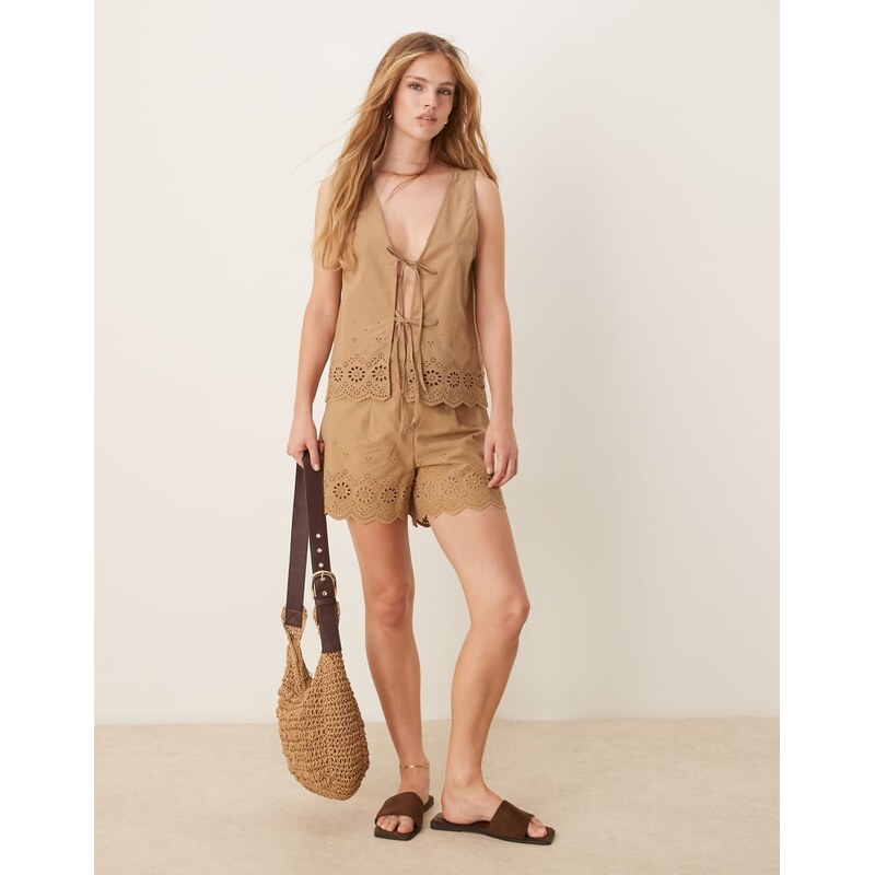 Vila cutwork embroidered poplin tie front vest co-ord in tobacco-White
