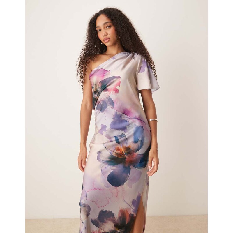 ASOS DESIGN satin one shoulder flutter sleeve midi dress in painted floral-Multi