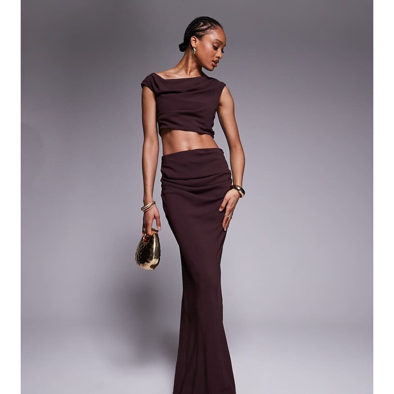 ASOS Tall ASOS DESIGN Tall off shoulder fauxord maxi dress in fudge 106253393