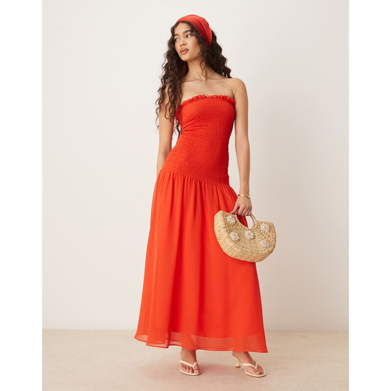ASOS DESIGN shirred chiffon drop waist maxi dress in red
