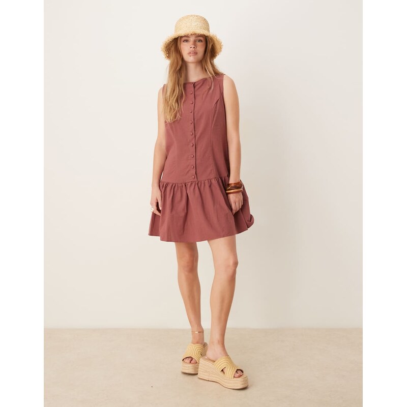 ASOS DESIGN button down dropped waist mini dress with straight neck in washed burgundy-Red