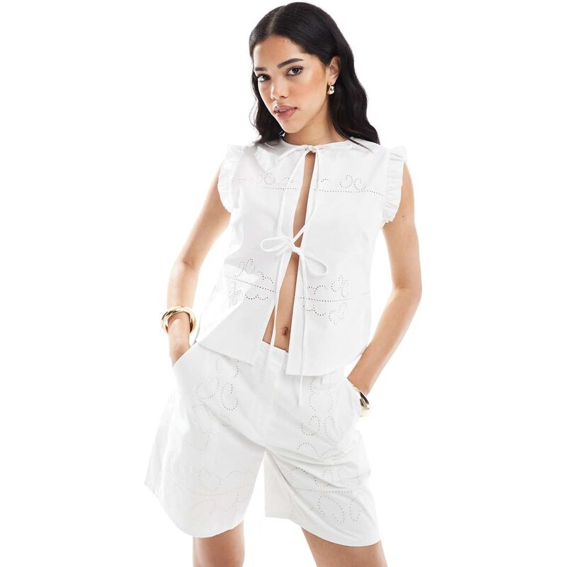 4th & Reckless cotton embroidered cutwork detail tie front waistcoat 110271192
