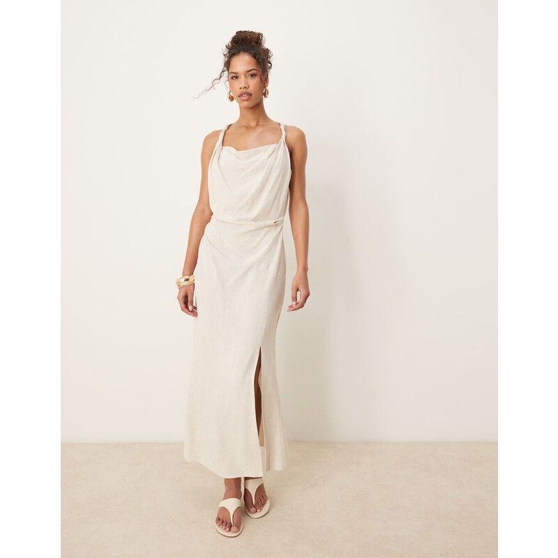 ASOS DESIGN linen twist shoulder detail midi dress with ruching