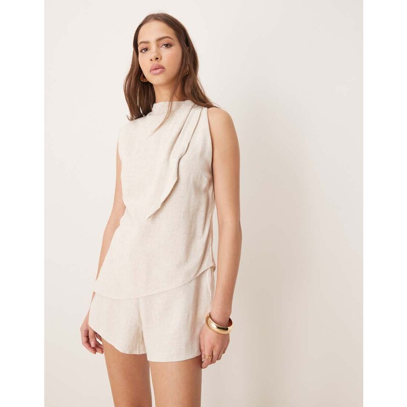 ASOS DESIGN linen double layer neck tie detail playsuit in oat