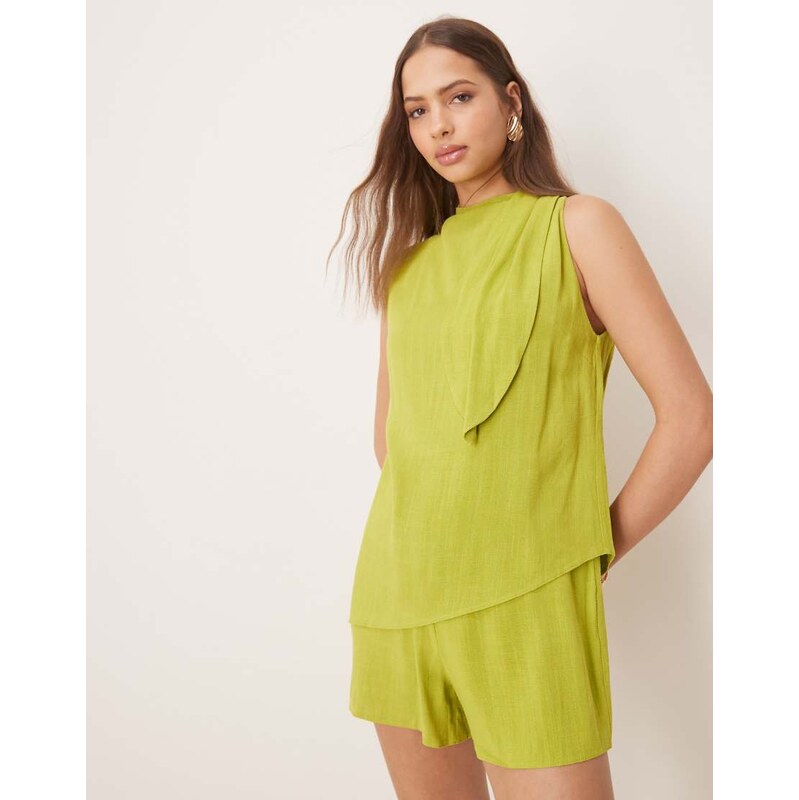 ASOS DESIGN linen double layer neck tie detail playsuit in lime green 112912201