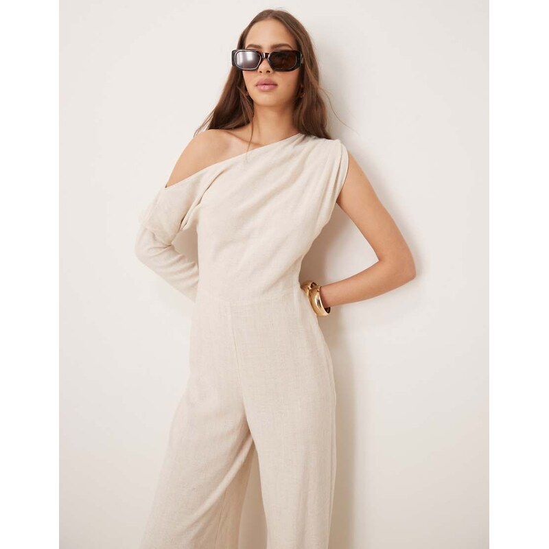 ASOS DESIGN linen fallen shoulder jumpsuit in oat-Neutral 106253261