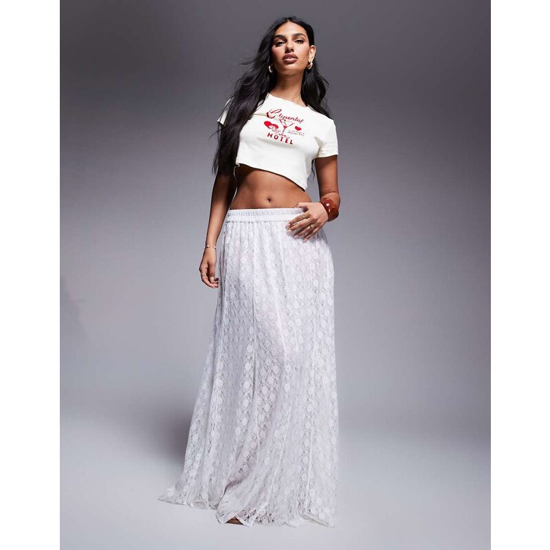 ASOS DESIGN full lace godet maxi skirt in ivory-White
