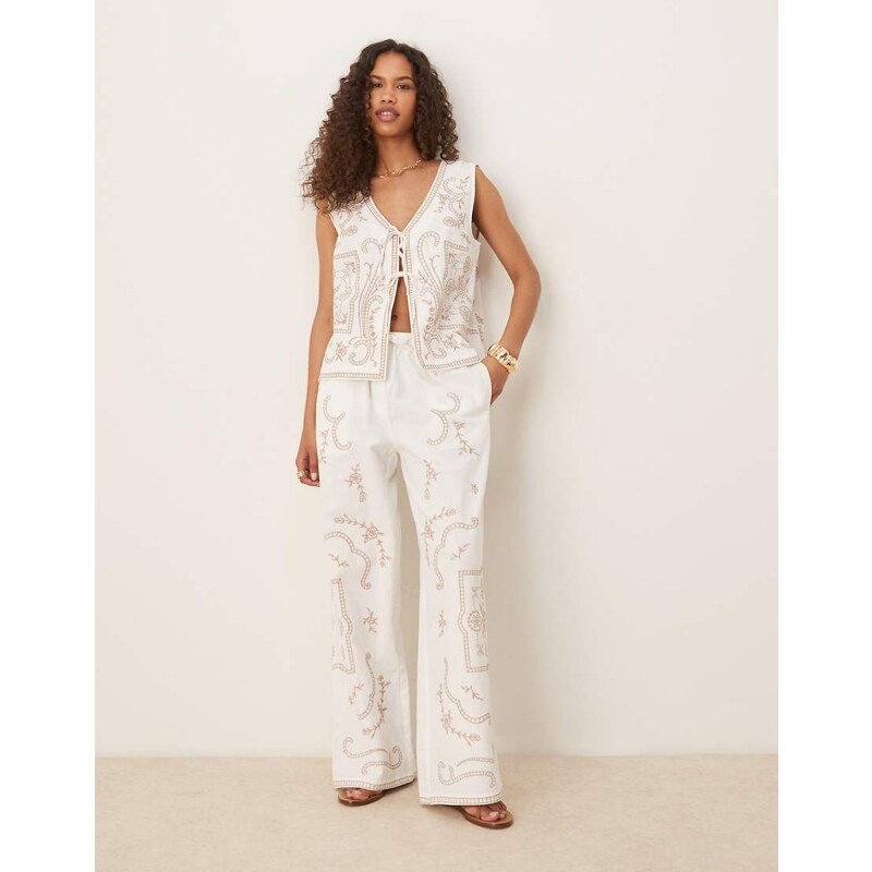 ASOS DESIGN linen look pull on trousers co-ord with embroidery in 106253342