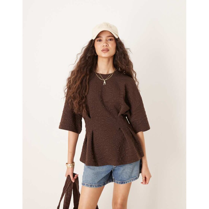 ASOS DESIGN short sleeve top in chocolate floral jacquard-Brown 107702670