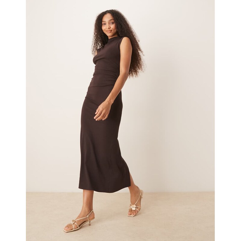 Mango soft touch modal mix slim fit maxi dress with high neck in brown 106253675