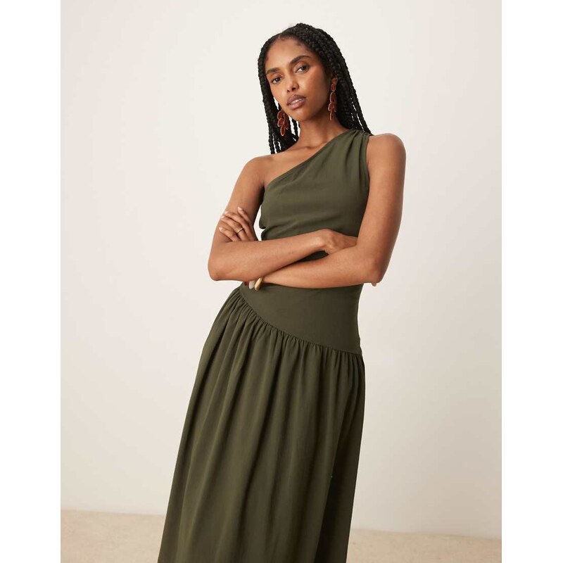 Mango one shoulder drop waist maxi dress with soft bubble hem in khaki 106253677