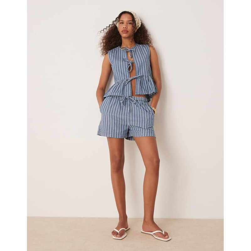 Threadbare co-ord denim stripe shorts with drawstring tie waist in 106553660
