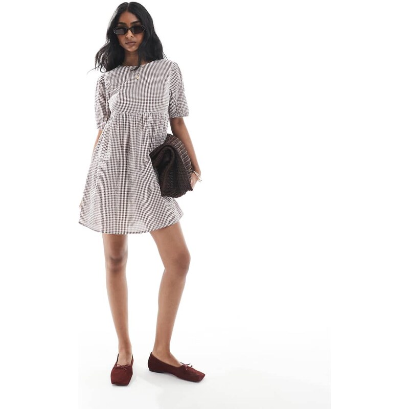 Wednesdays Girl gingham smock mini dress in brown-Yellow